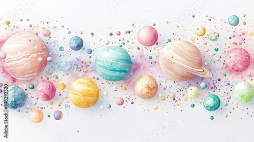 Galaxy, pastel stars and planets, cosmic harmony, watercolor style