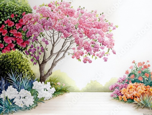 Garden scene, pastel flowers, tranquil setting, watercolor style