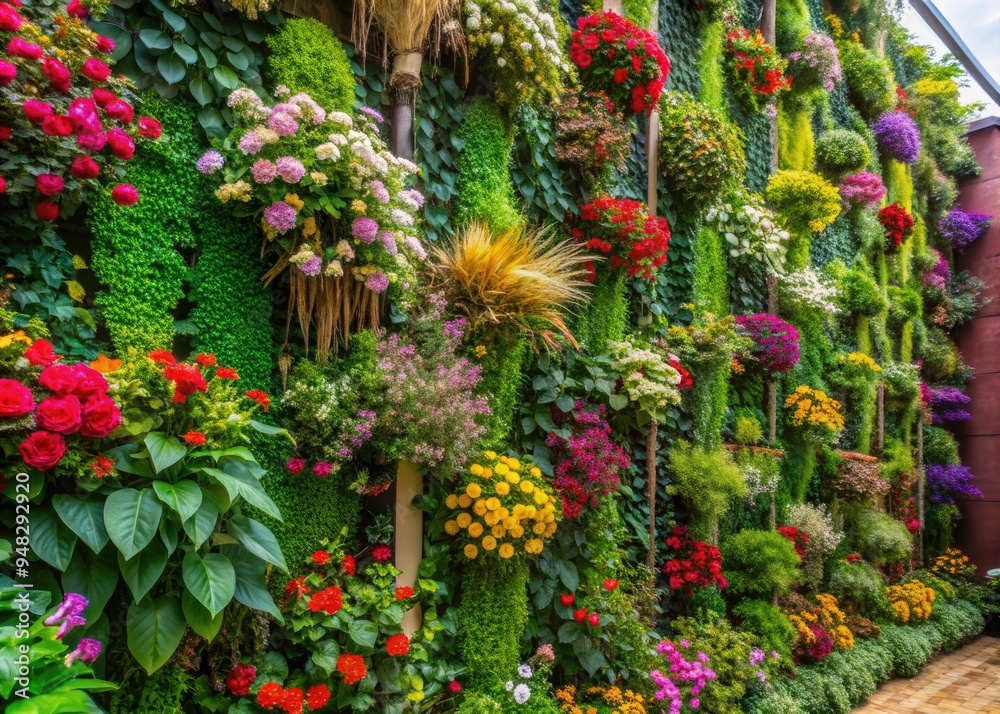Naklejka premium Vibrant flowers and lush greenery thrive in a stunning vertical garden, adding a refreshing and creative touch to any room's décor with its colorful and lively beauty.