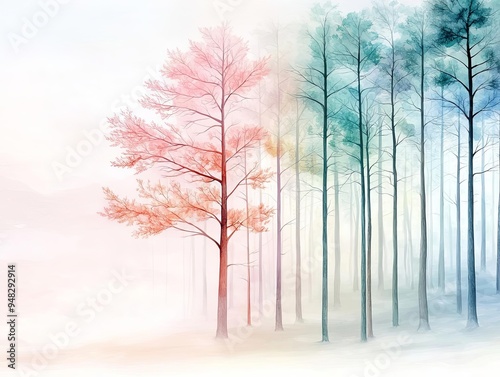 Ethereal forest, pastel mist, enchanted atmosphere, watercolor style