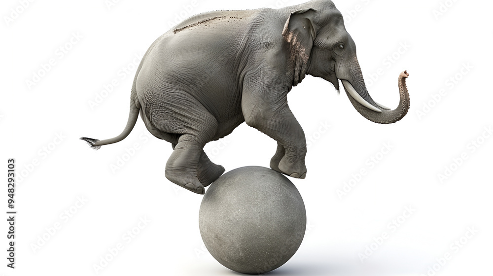 Obraz premium Majestic baby elephant skillfully balancing on two circus balls in an impressive display of agility and balance, ideal for creative circus-themed designs and wildlife-inspired art