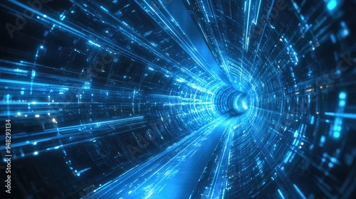 Futuristic abstract background featuring blue energy high speed light and digital tunnel effects with glowing rays and energy lines