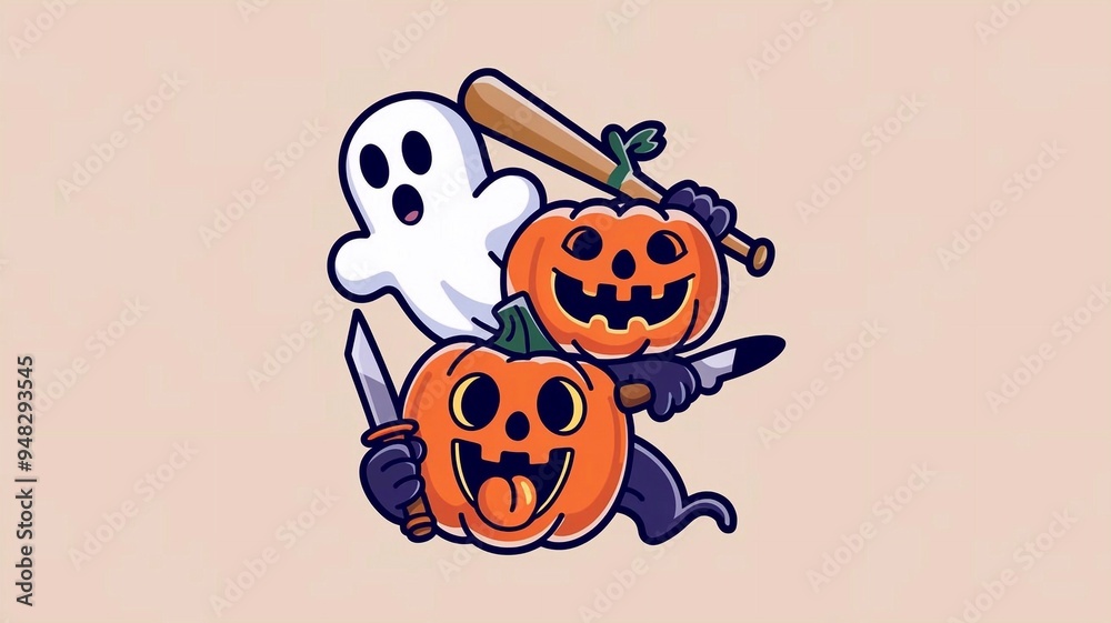 Fototapeta premium Ghost, Pumpkin head with baseball bat, Cat with knife. Halloween concept. Hand drawn modern Vector illustration. Isolated designelements. Cute creepy, scary, funny characters. Cartoon retro style