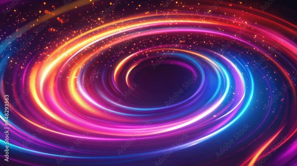 Dynamic rotating neon circle with colorful shining sparks and spiral waves Bright curved lines create an abstract background with swirling border patterns Dynamic rotating neon circle with colorful shining sparks and spiral waves Bright curved lines create an abstract background with swirling border patterns
