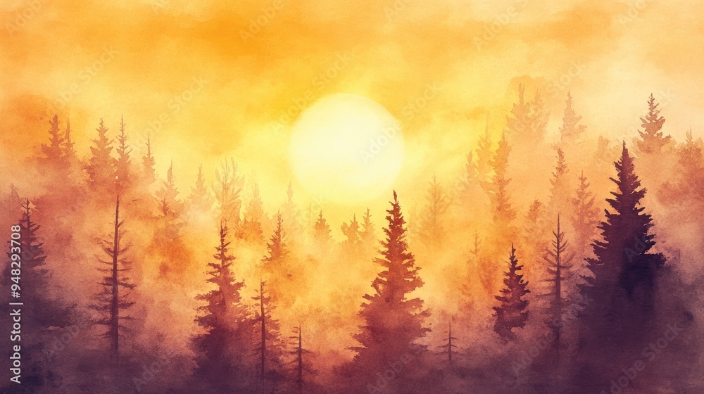 Obraz premium Watercolor illustration of a forest during sunset showcasing a serene landscape