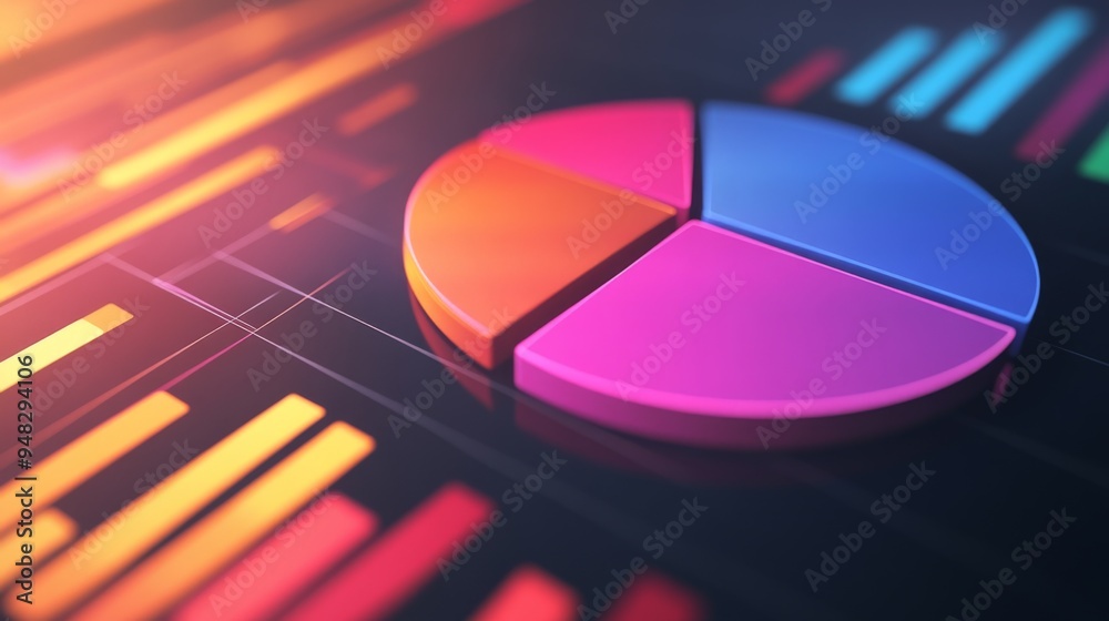Fototapeta premium A close-up of a 3D pie chart on a digital screen, with dynamic shadows and highlights emphasizing the data segments and their relative sizes