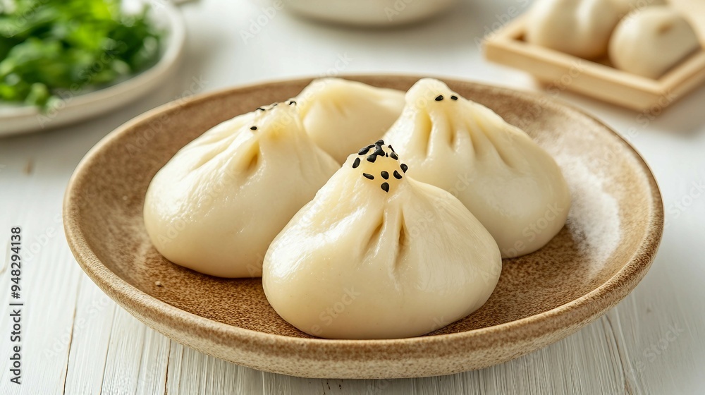 Authentic Korean Cuisine - Delicious Steamed Buns Filled with Meat and Vegetables, Pyanse Concept with Selective Focus Authentic Korean Cuisine - Delicious Steamed Buns Filled with Meat and Vegetables, Pyanse Concept with Selective Focus