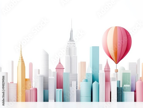 Abstract cityscape, pastel buildings, dreamy skyline, watercolor style