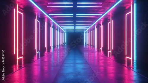 Neon glowing lines create a sci fi ambiance in a dark tunnel with reflections on the floor and ceiling featuring an empty central background in this 3D abstract futuristic rendering