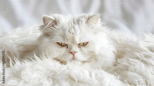 Majestic white long-haired cat in a soft cloud of fur, resting gracefully in a dreamy setting, perfect for cat lovers and those seeking a serene and peaceful feline portrait