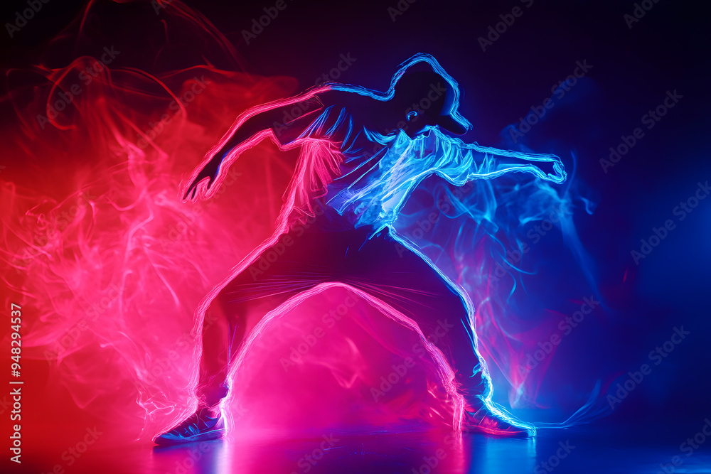Man in bright clothes dancing hip-hop isolated on dark background in mixed neon light Man in bright clothes dancing hip-hop isolated on dark background in mixed neon light