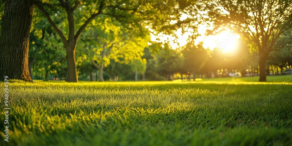 A bright sunny day in a park showcasing lush green grass, tall trees, and a golden sun providing warm light. A bright sunny day in a park showcasing lush green grass, tall trees, and a golden sun providing warm light.
