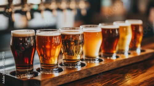 A close-up of a beer flight with several small glasses of different craft beers, showcasing a range of colors and styles on a bar counter or wooden tray.