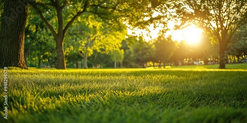 A bright sunny day in a park showcasing lush green grass, tall trees, and a golden sun providing warm light.