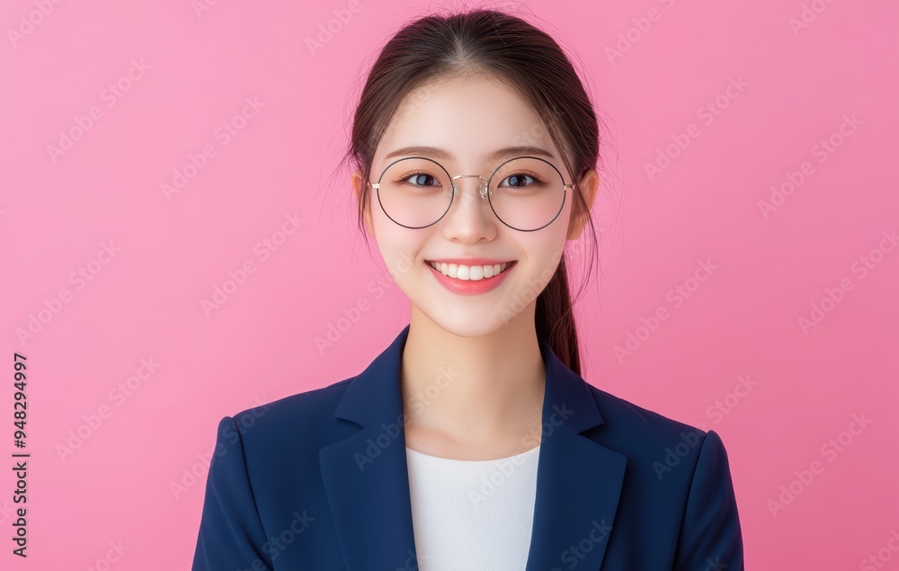 Asian businesswoman confidently posed in a suit, set against a pastel pink background, where her professional presence is softened by the gentle hues. Asian businesswoman confidently posed in a suit, set against a pastel pink background, where her professional presence is softened by the gentle hues.