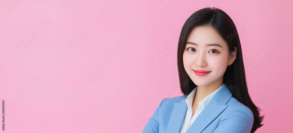 Asian businesswoman confidently posed in a suit, set against a pastel pink background, where her professional presence is softened by the gentle hues. Asian businesswoman confidently posed in a suit, set against a pastel pink background, where her professional presence is softened by the gentle hues.