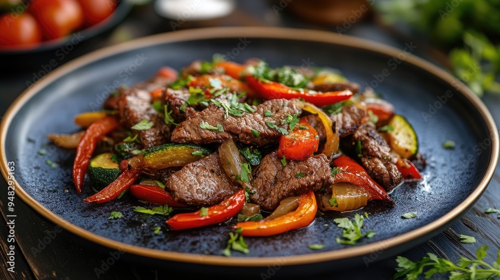 Mexican-style beef with saut vegetables served on a rustic plate, featuring bold flavors and fresh ingredients.