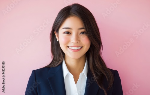 Asian businesswoman confidently posed in a suit, set against a pastel pink background, where her professional presence is softened by the gentle hues.