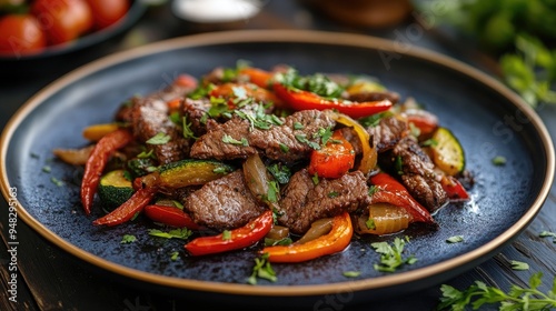 Mexican-style beef with saut vegetables served on a rustic plate, featuring bold flavors and fresh ingredients.