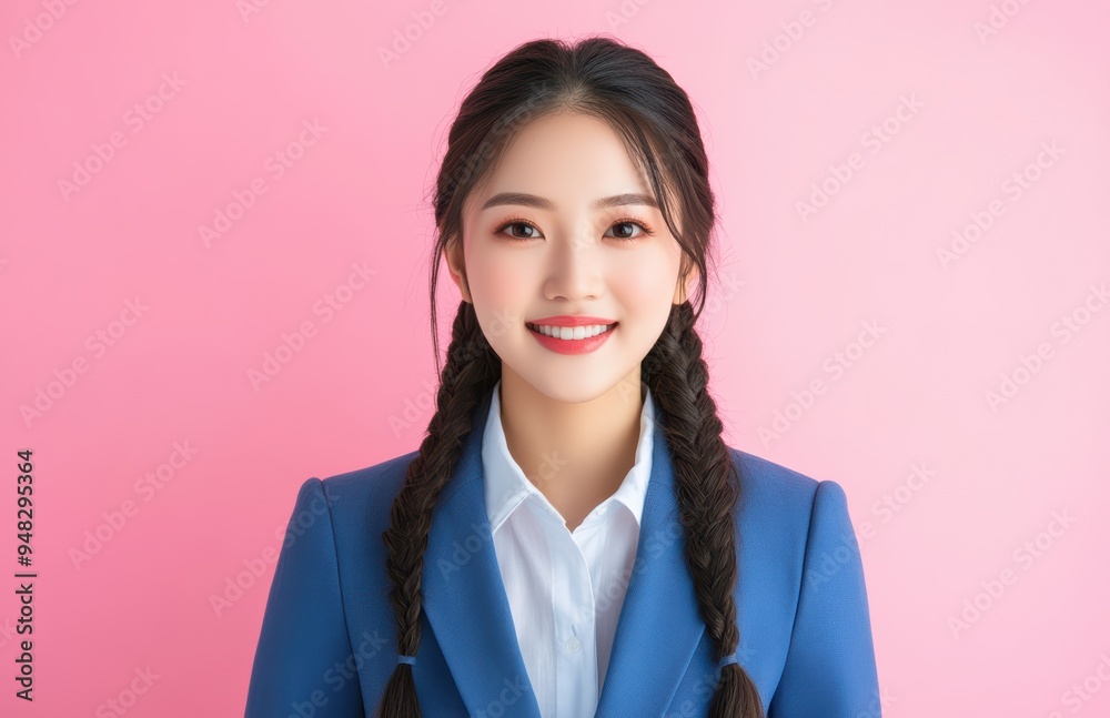 Asian businesswoman confidently posed in a suit, set against a pastel pink background, where her professional presence is softened by the gentle hues. Asian businesswoman confidently posed in a suit, set against a pastel pink background, where her professional presence is softened by the gentle hues.