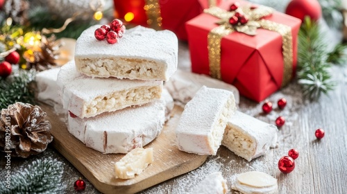 Festive Spanish Holiday Treats - Turron, Polvorones, and Mantecados with Christmas Decor on Grey Table