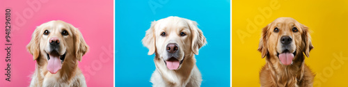 Set of Golden retriever dog portraits on different colors background. Advertising banner concept for a veterinary clinic or pet shop.