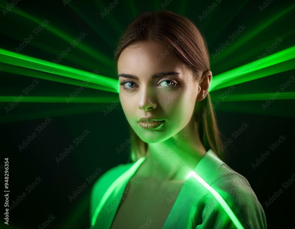 Close-up portrait of woman illuminated by green laser beams. Close-up portrait of woman illuminated by green laser beams.