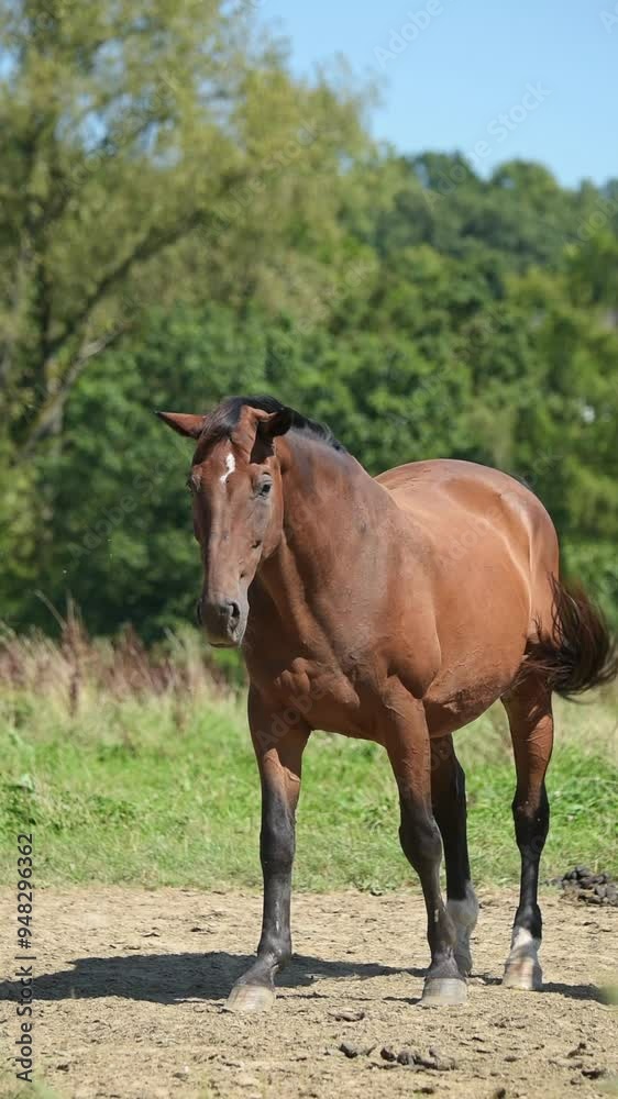 Brown Oldenburger horse standing in a pasture moving head up and down shaking insects and flies during summer heat
Brown Oldenburger horse standing in a pasture moving head up and down shaking insects and flies during summer heat