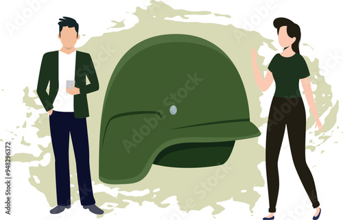 Boy and girl looking at military hat.