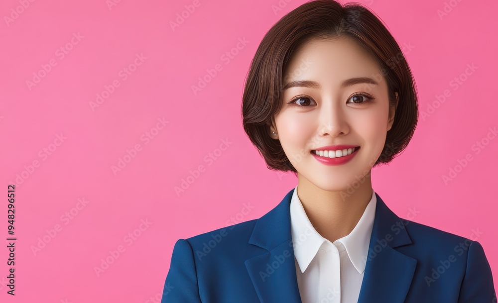 Asian businesswoman confidently posed in a suit, set against a pastel pink background, where her professional presence is softened by the gentle hues. Asian businesswoman confidently posed in a suit, set against a pastel pink background, where her professional presence is softened by the gentle hues.