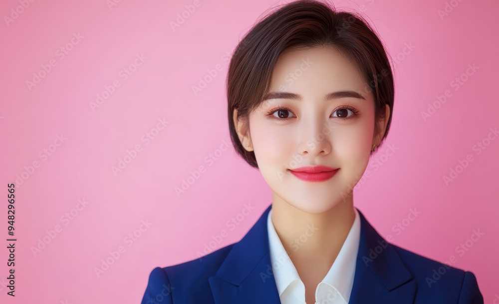 Asian businesswoman confidently posed in a suit, set against a pastel pink background, where her professional presence is softened by the gentle hues. Asian businesswoman confidently posed in a suit, set against a pastel pink background, where her professional presence is softened by the gentle hues.