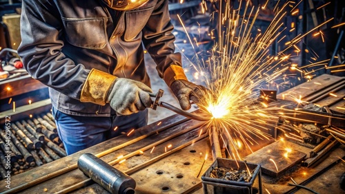 Above-view shot of a Mig welder's gloved hand holding a welding gun, sparks flying, surrounded by metal scraps and welding equipment in a cluttered workshop. photo