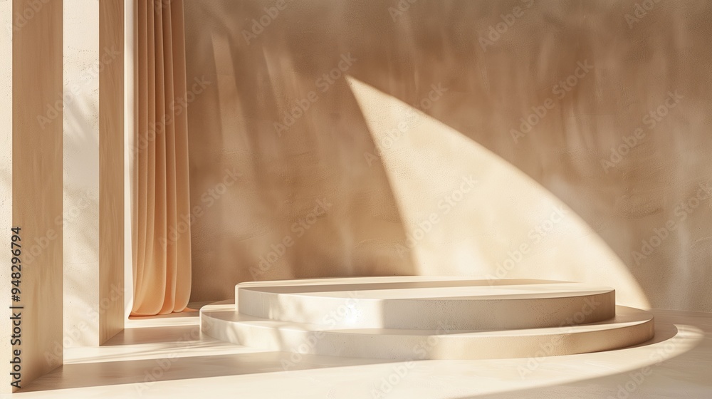 Minimalist curved concrete 3D podium with beige curtains in sunlight for product display. Minimalist curved concrete 3D podium with beige curtains in sunlight for product display.