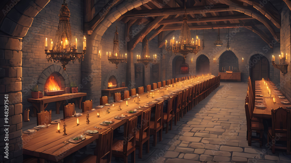 Obraz premium A pixelated medieval castle dining hall with long wooden tables, chandeliers, and stone walls, set for a royal banquet
