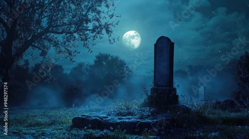 Moonlight gently touches a lone gravestone in a tranquil cemetery, the night shrouded in mystery and calm.