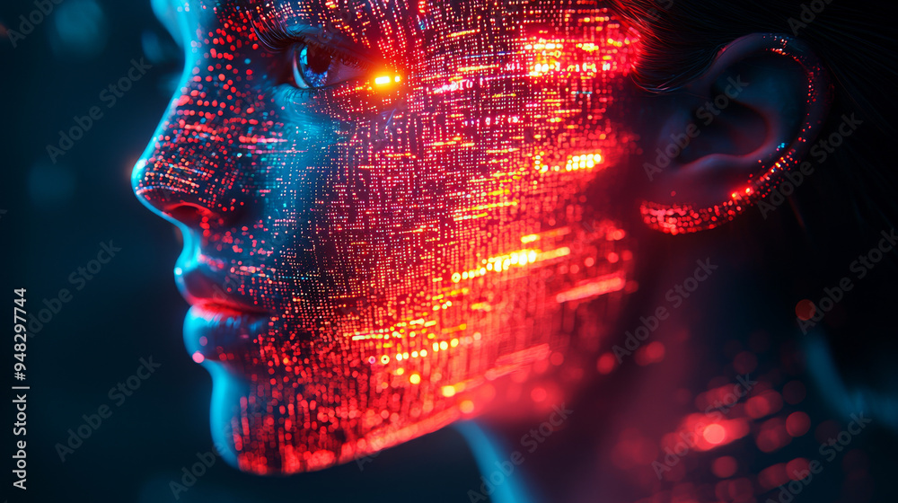 Side profile of a futuristic artificial intelligence computer head with glowing lines and data Side profile of a futuristic artificial intelligence computer head with glowing lines and data