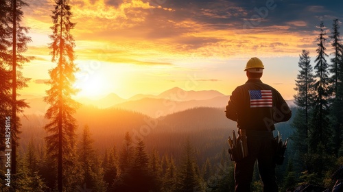 American Flag Worker Silhouette Sunset Mountain Forest