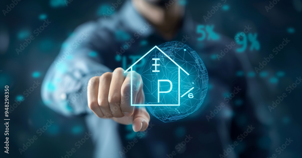 Businessperson analyzing real estate investment holographic chart. Businessperson analyzing real estate investment holographic chart.