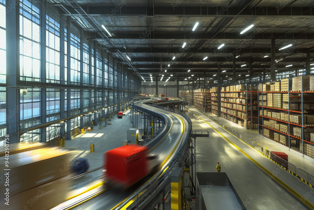 A bustling distribution center showcasing vibrant logistics with moving trucks, illuminated spaces, and organized warehousing efficiency. A bustling distribution center showcasing vibrant logistics with moving trucks, illuminated spaces, and organized warehousing efficiency.