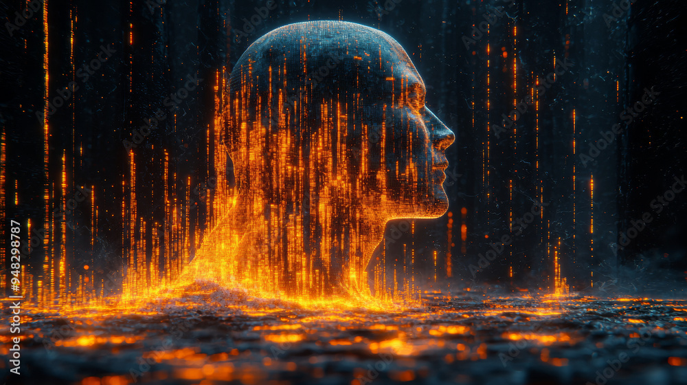 Fototapeta premium Side profile of a futuristic artificial intelligence computer head with glowing lines and data
