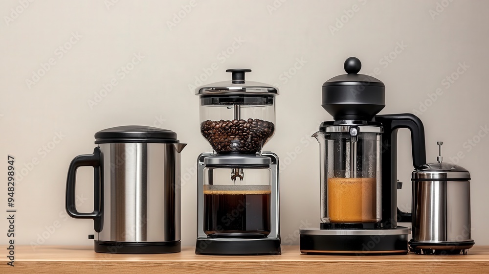 Sleek Coffee Makers Showcase - Drip Machines and French Presses with Modern Design on Neutral Background Sleek Coffee Makers Showcase - Drip Machines and French Presses with Modern Design on Neutral Background