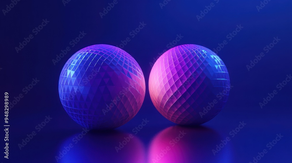 Fototapeta premium Two Geometric Spheres Illuminated with Neon Lights