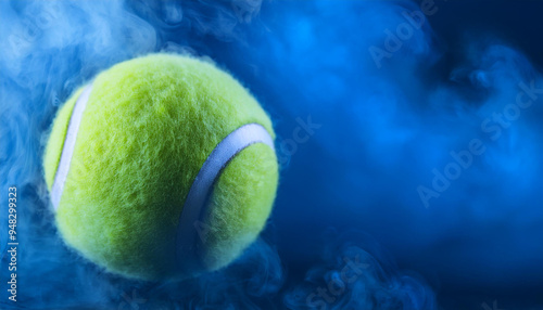 Green tennis ball in blue smoke. Sport game concept. Close-up.