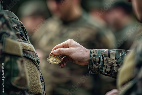 A soldier's moment of honor as bravery is recognized with a medal, symbolizing courage and commitment in the line of duty. photo