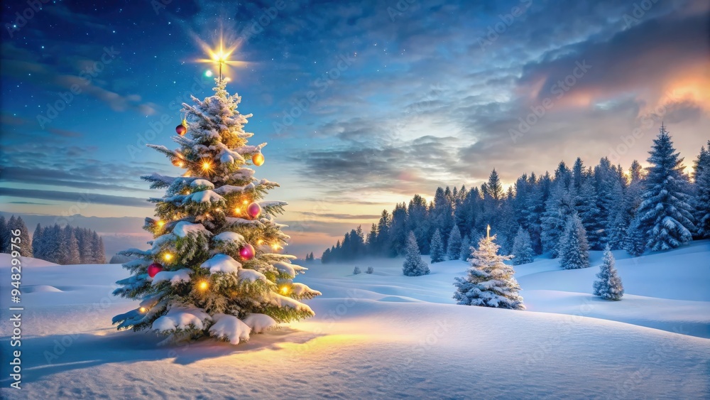 Snow-covered Christmas tree in a picturesque winter landscape Snow-covered Christmas tree in a picturesque winter landscape
