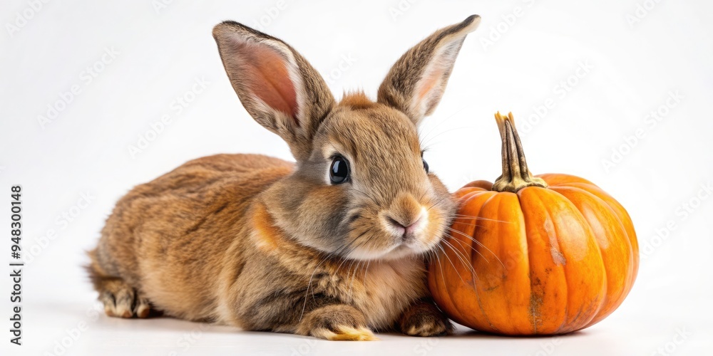 Fototapeta premium Adorable brown-haired rabbit cuddles an ornate orange Halloween pumpkin on a clean white background, capturing the playful spirit of the festive autumn holiday season.