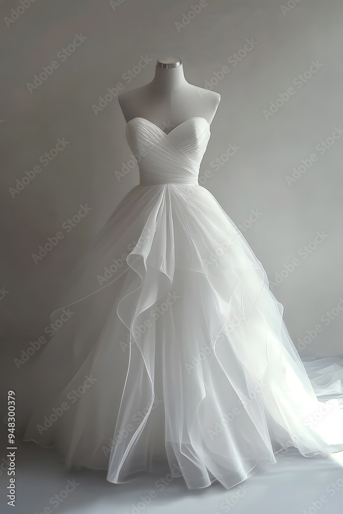 White wedding dress isolated on light grey background White wedding dress isolated on light grey background