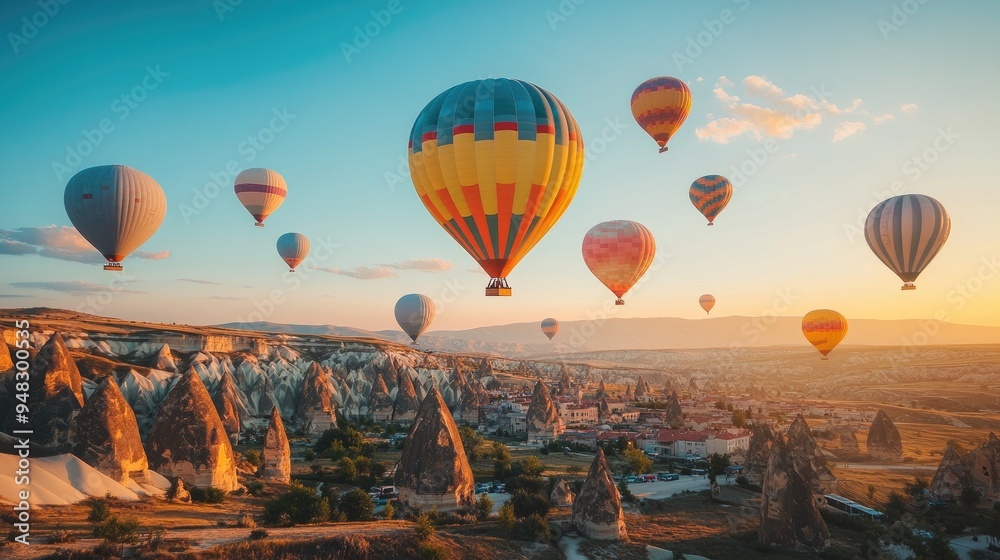 Fototapeta premium A breathtaking view of colorful hot air balloons floating over the unique rock formations of Cappadocia at sunrise.