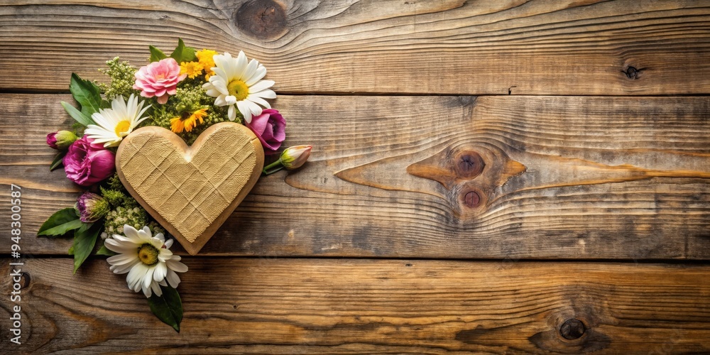Rustic wooden background with heart and flowers, nature-inspired design perfect for romantic themes