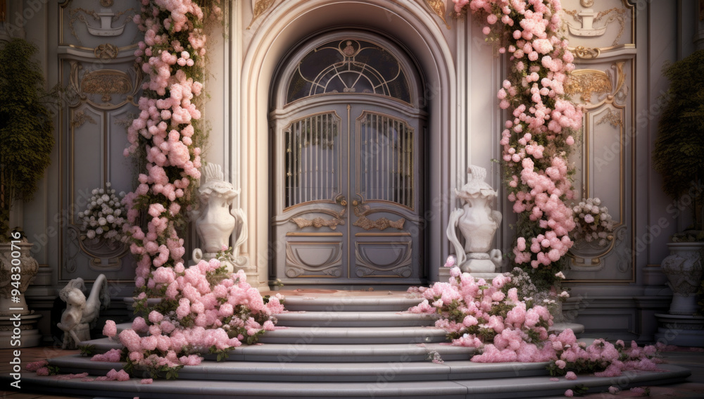 Beautiful entrance way with flowers and steps. Entrance to house. Beautiful entrance way with flowers and steps. Entrance to house.